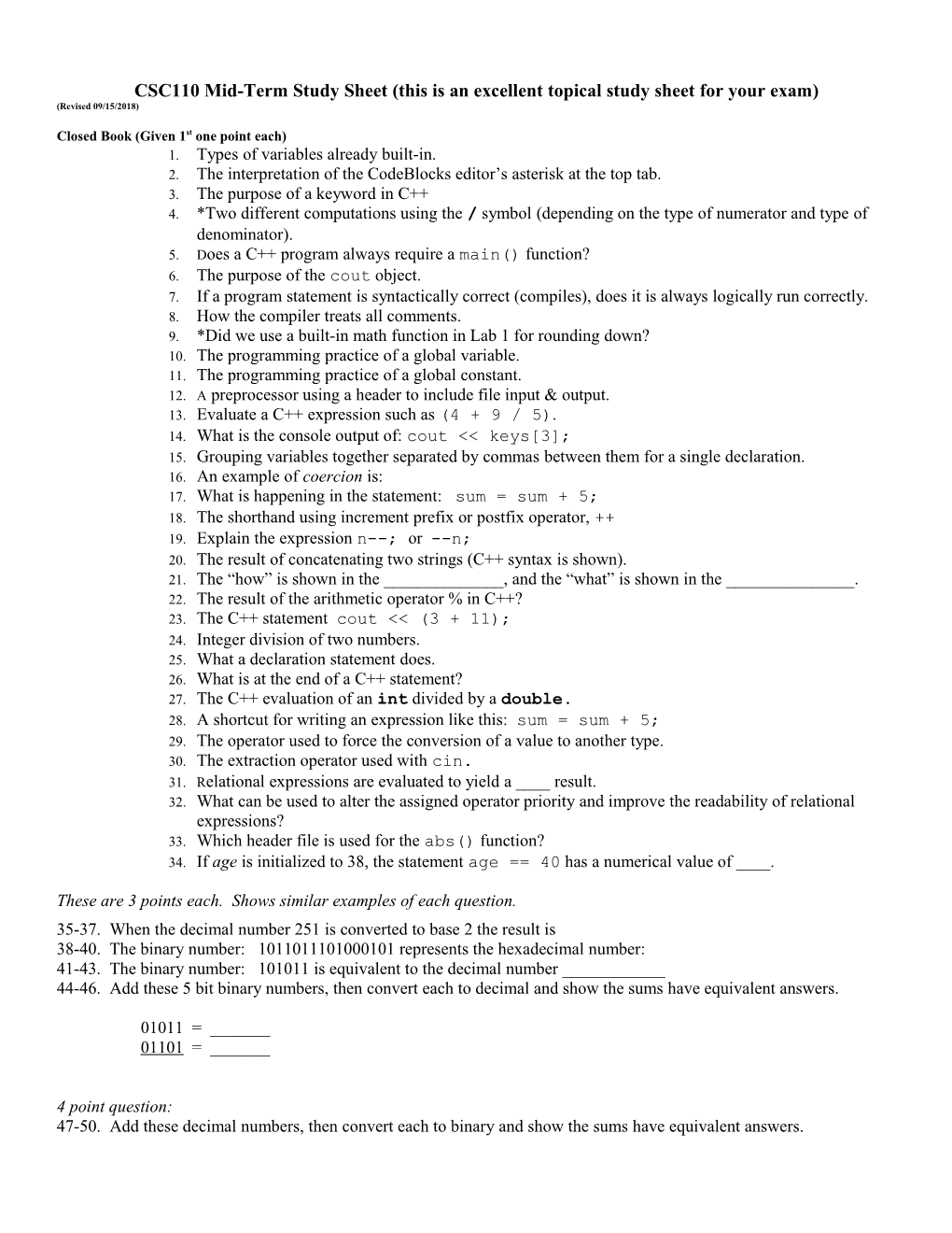 CSC110 Mid-Term Study Sheet(This Is an Excellent Topical Study Sheet for Your Exam)