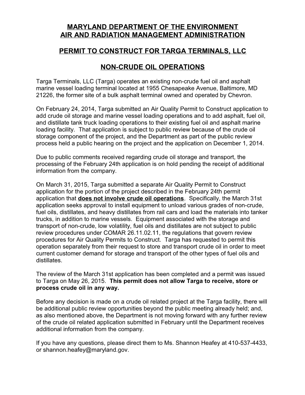 Targa Terminals, LLC Steps of Permit Issuance