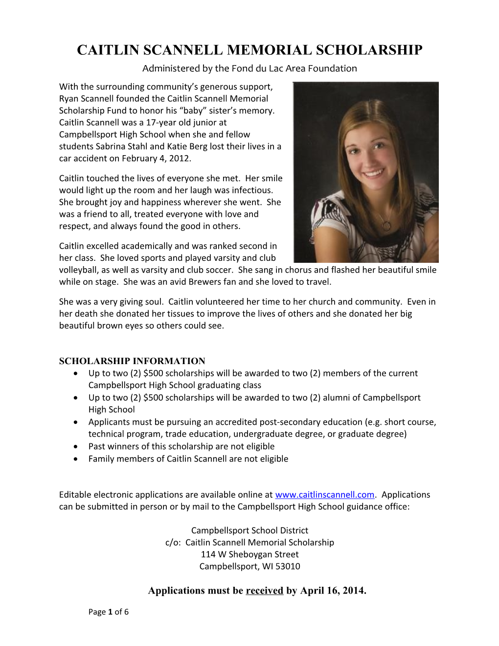 Caitlin Scannell Memorial Scholarship