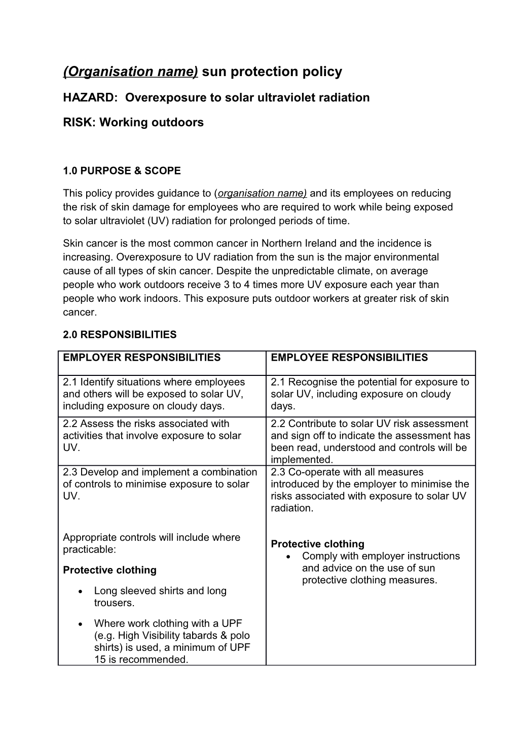 (Organisation Name)Sun Protection Policy