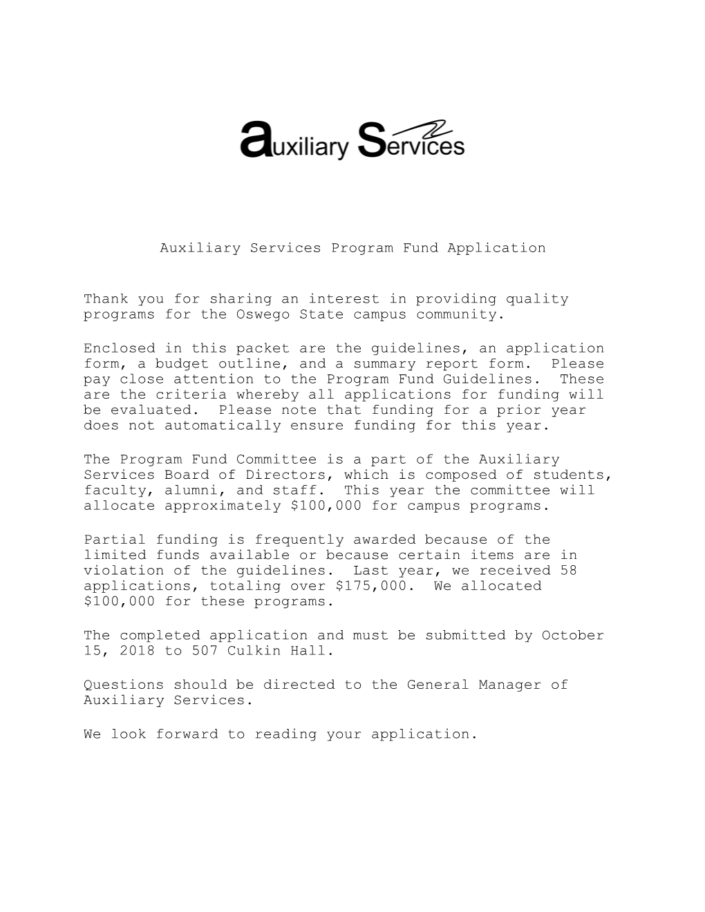 Auxiliary Services Program Fund Application