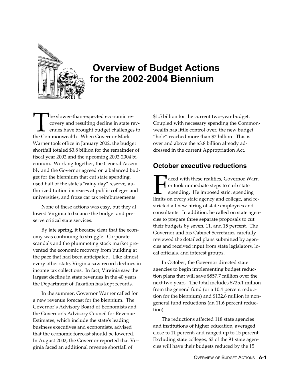 Overview of Budget Actions for the 2002-2004 Biennium