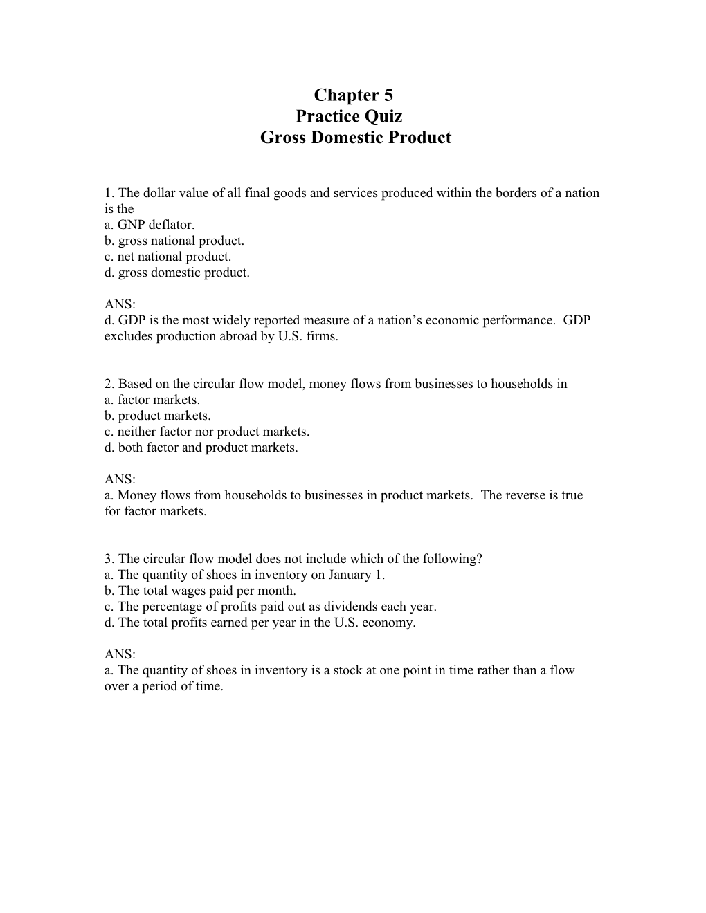 Chapter 5 Practice Quiz Gross Domestic Product