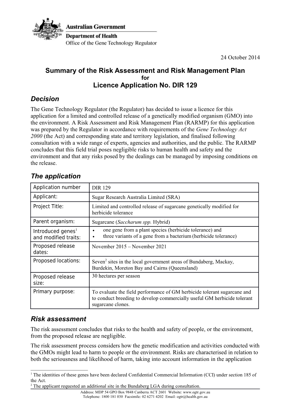 DIR 129 - Risk Assessment and Risk Management Summary