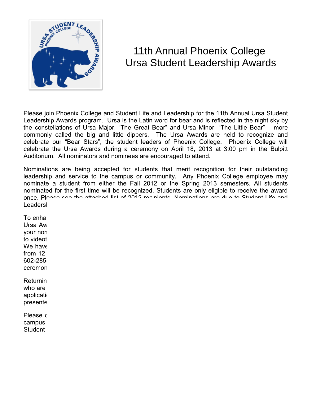 Please Join Phoenix College and Student Life and Leadership for the 11Th Annual Ursa Student