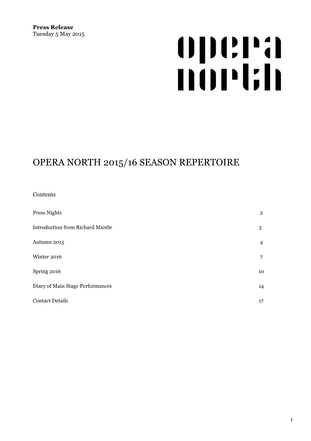 Opera North2015/16 Seasonrepertoire