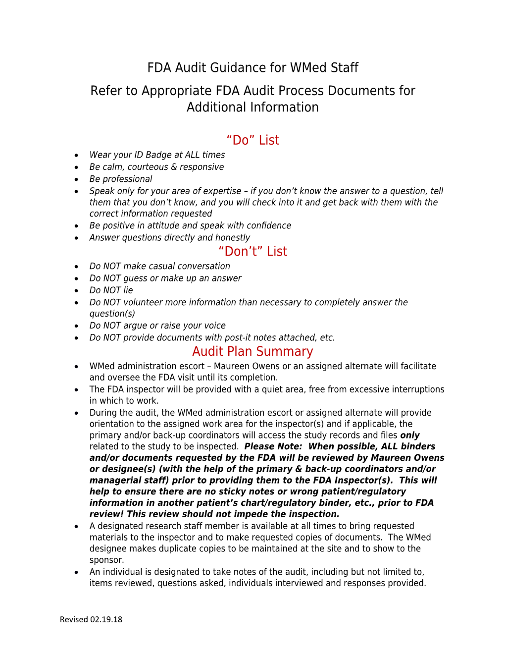 FDA Audit Guidance for Wmed Staff