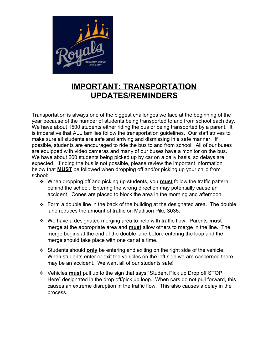 Important: Transportation Updates/Reminders