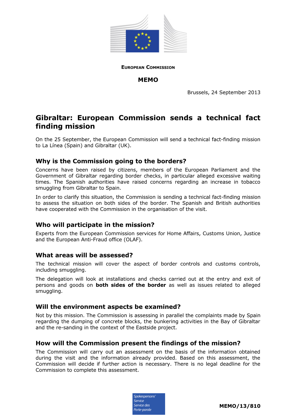 Gibraltar: European Commission Sends a Technical Fact Finding Mission