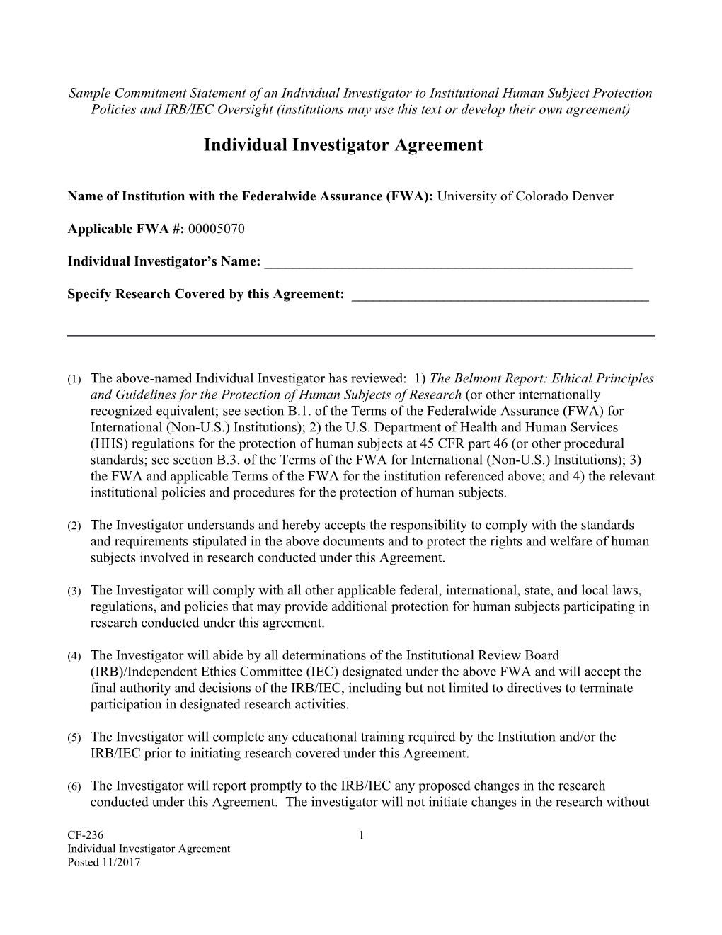 Individual Investigator Agreement