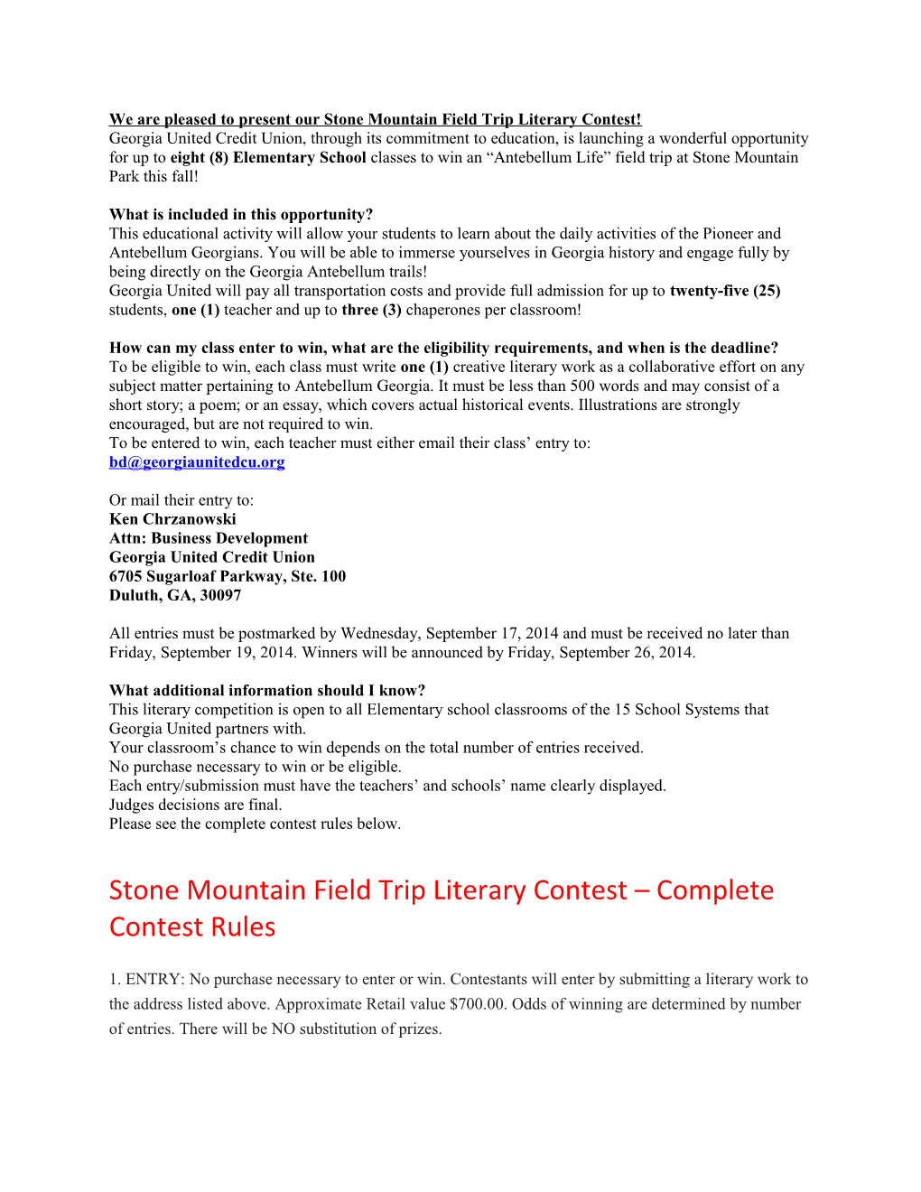 We Are Pleased to Present Our Stone Mountain Field Trip Literary Contest!