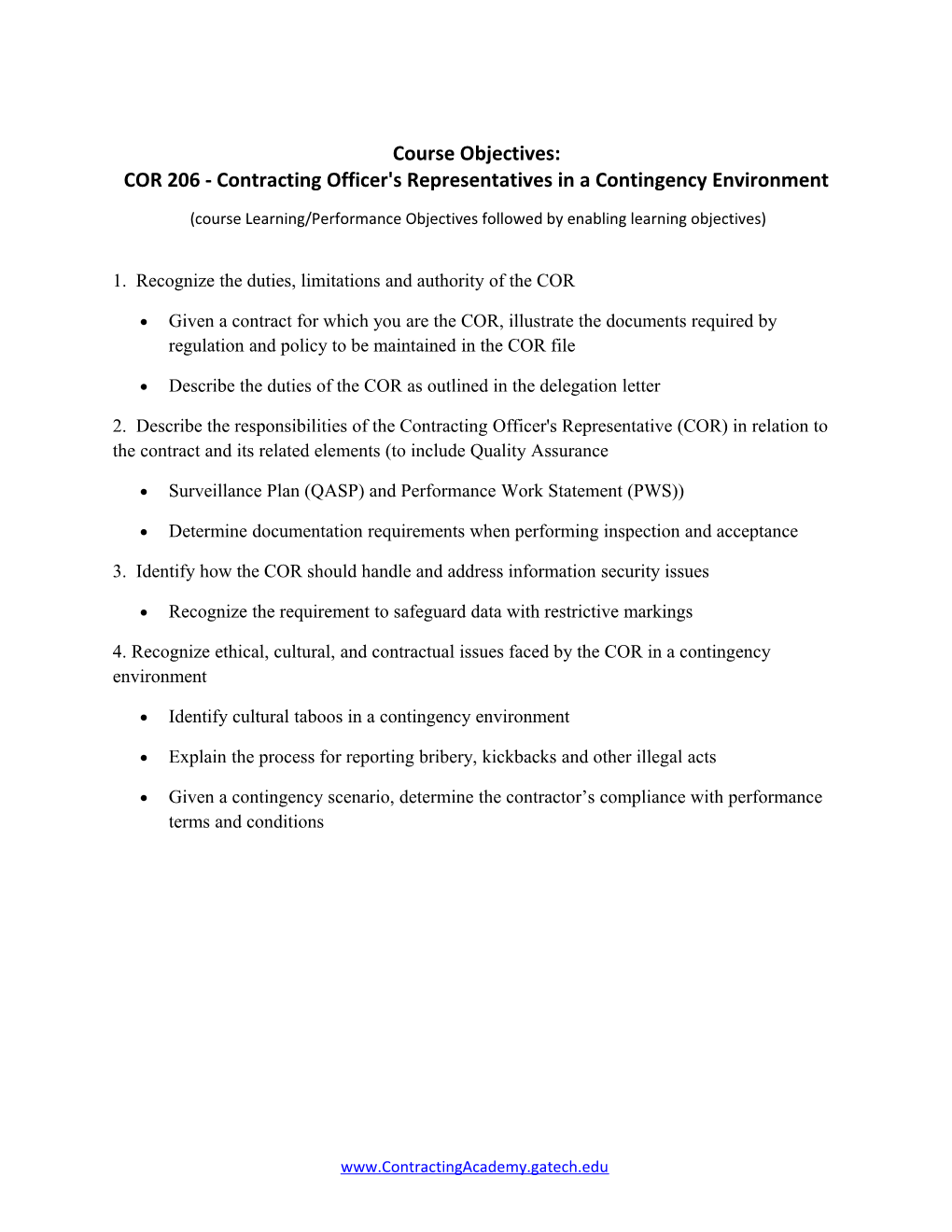 COR 206 - Contracting Officer's Representatives in a Contingency Environment