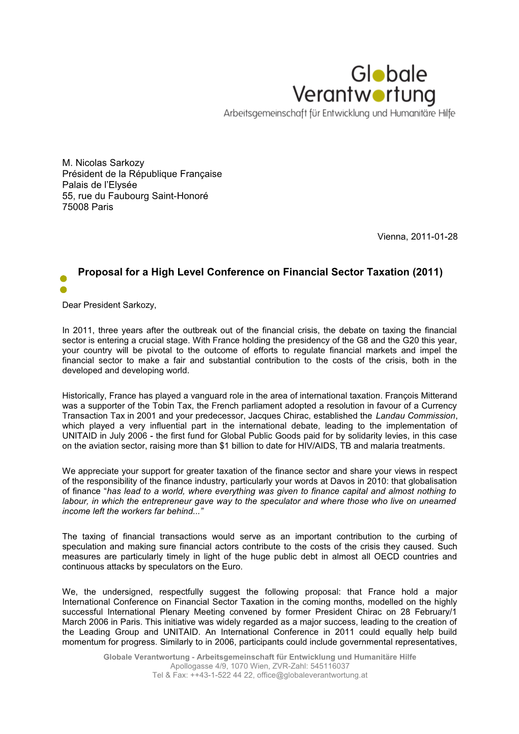 Proposal for a High Level Conference on Financial Sector Taxation (2011)