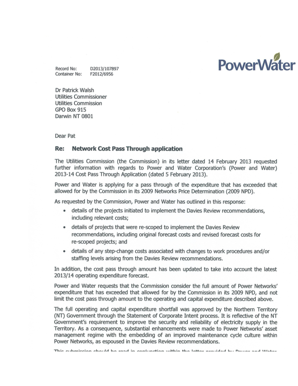 PWC Response to Utilities Commission's Request for Information