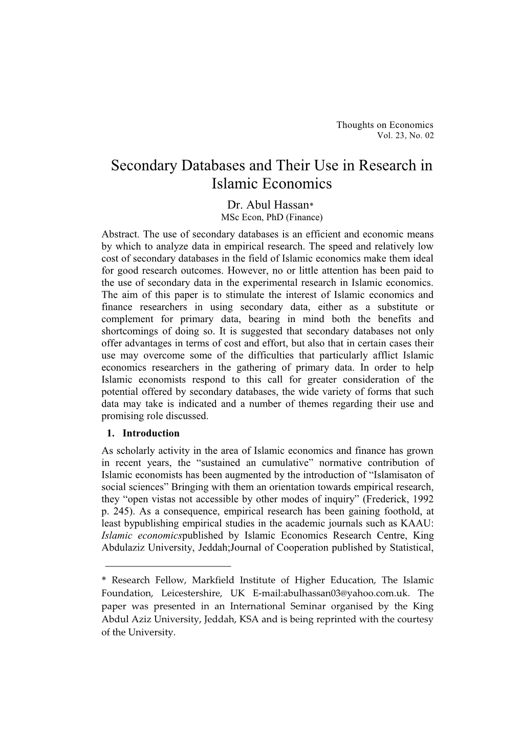 Secondary Databases and Their Use in Research in Islamic Economics