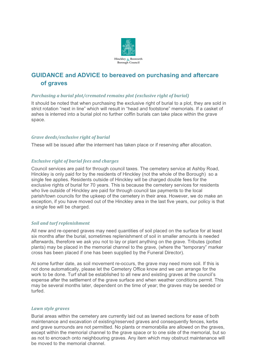 GUIDANCE and ADVICE to Bereaved on Purchasing and Aftercare of Graves
