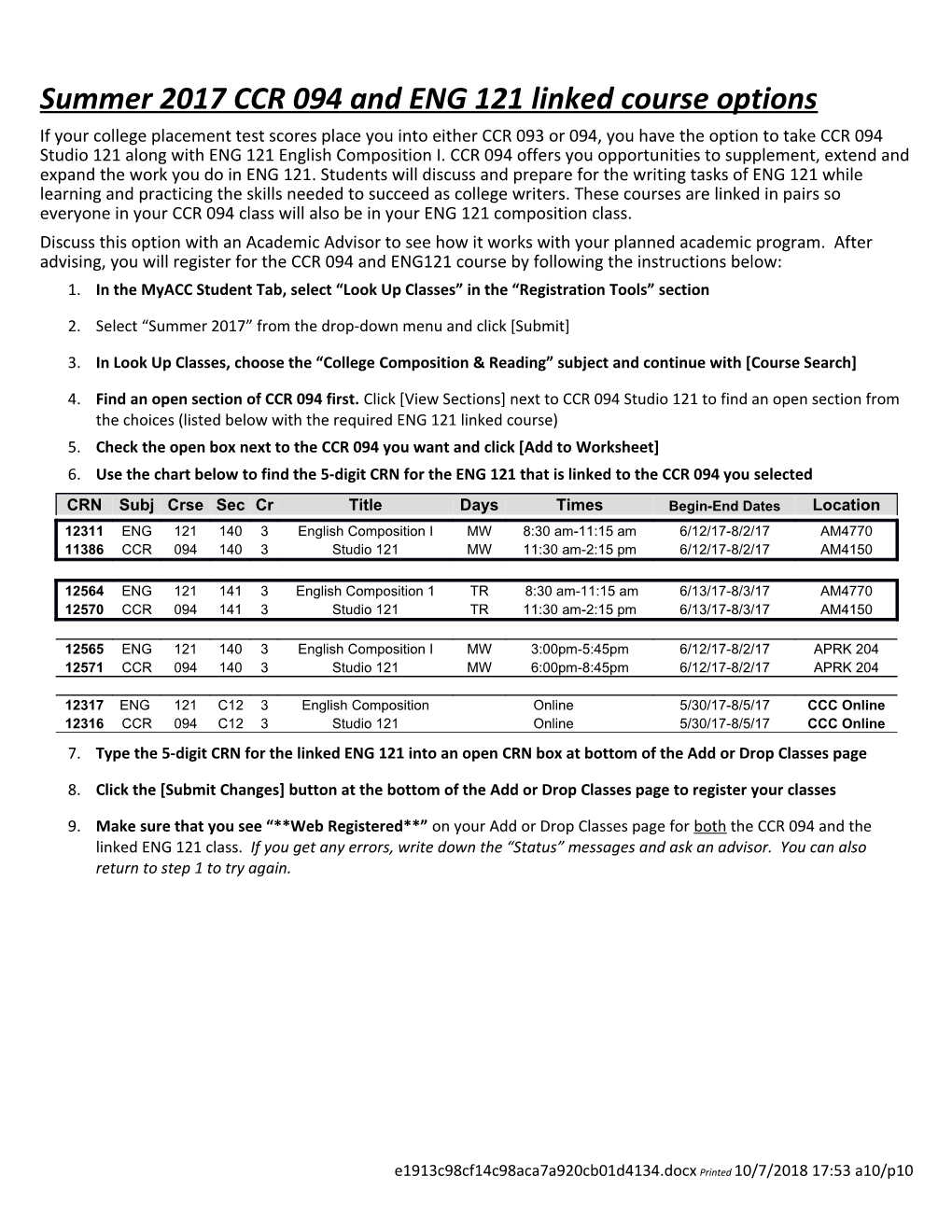 Summer 2017 CCR 094 and ENG 121 Linked Course Options