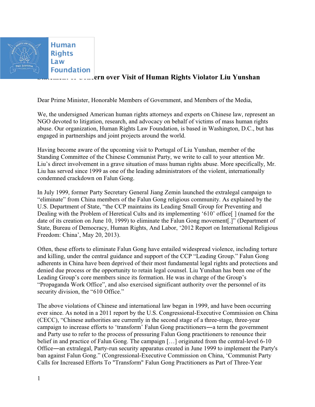 Statement of Concern Over Visit of Human Rights Violator Liu Yunshan