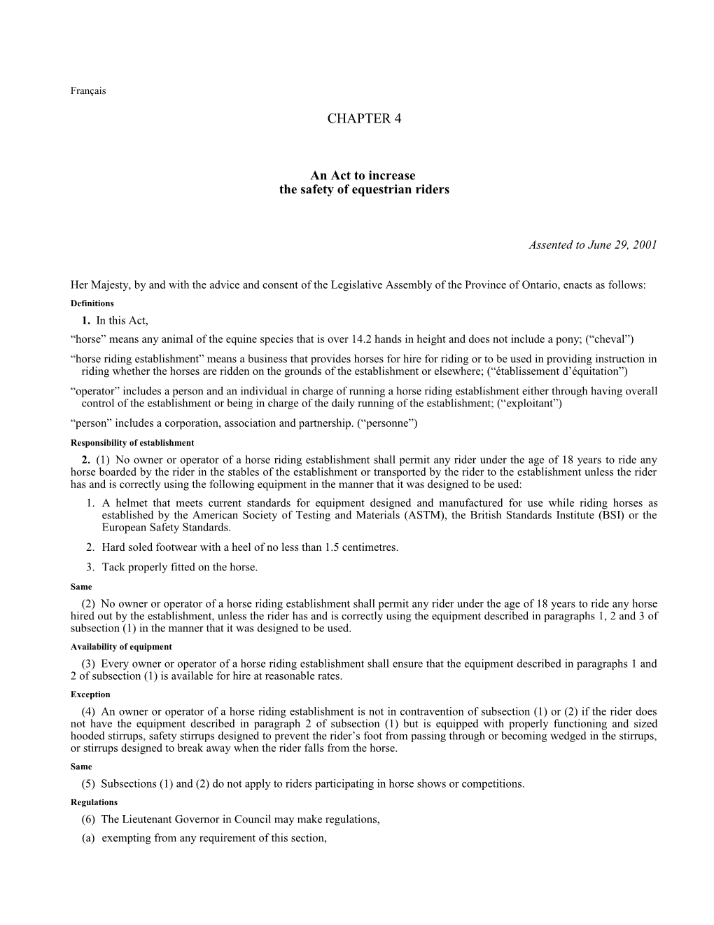 Horse Riding Safety Act, 2001, S.O. 2001, C. 4 - Bill 12