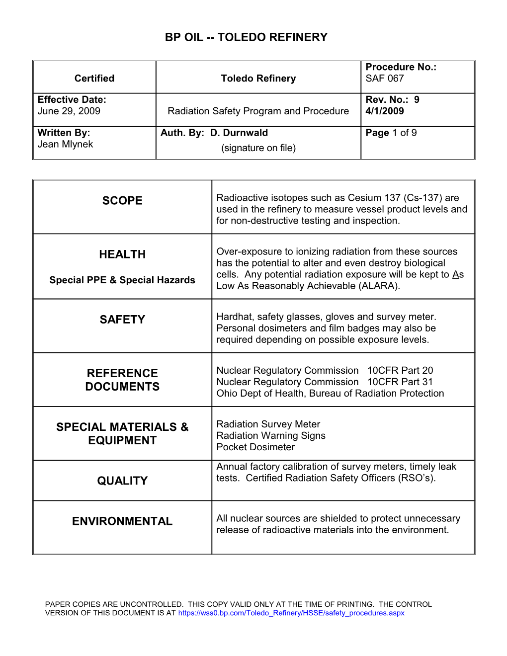 Procedure No. SAF 067 Rev. No. 9