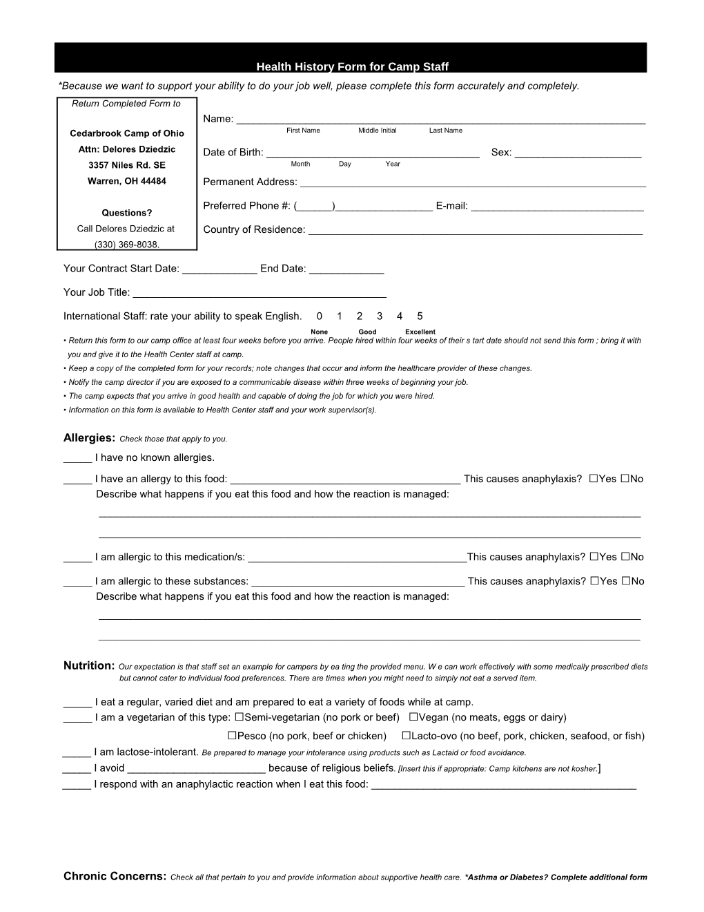 Health History Form for Camp Staff