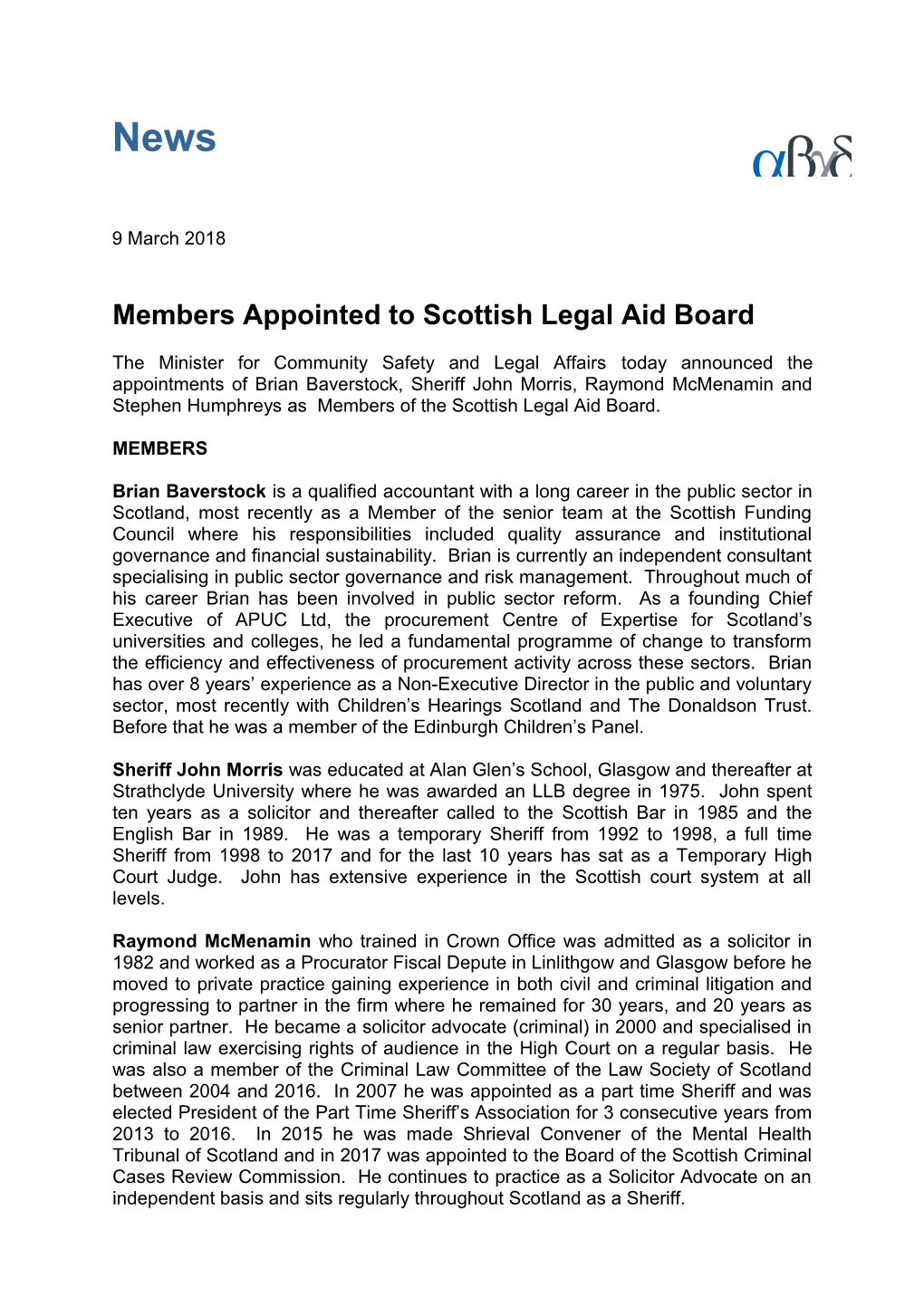 Membersappointed to Scottish Legal Aid Board