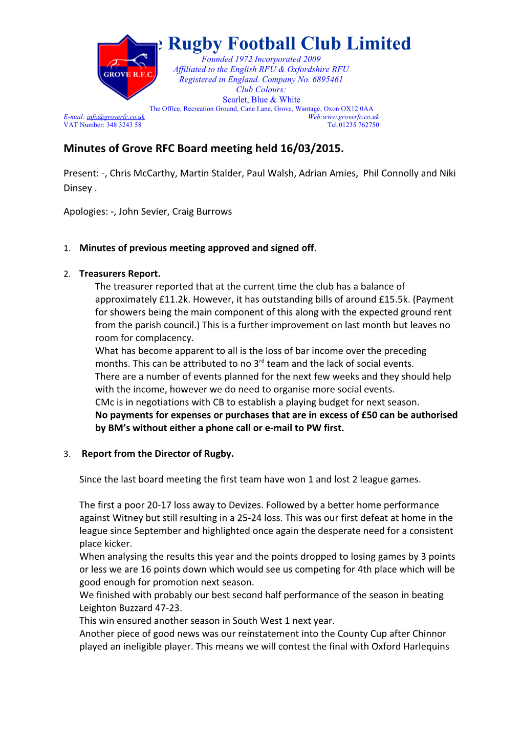 Minutes of Grove RFC Board Meeting Held 16/03/2015