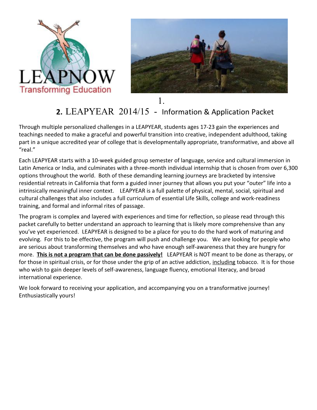 LEAPYEAR 2014/15 - Information & Application Packet