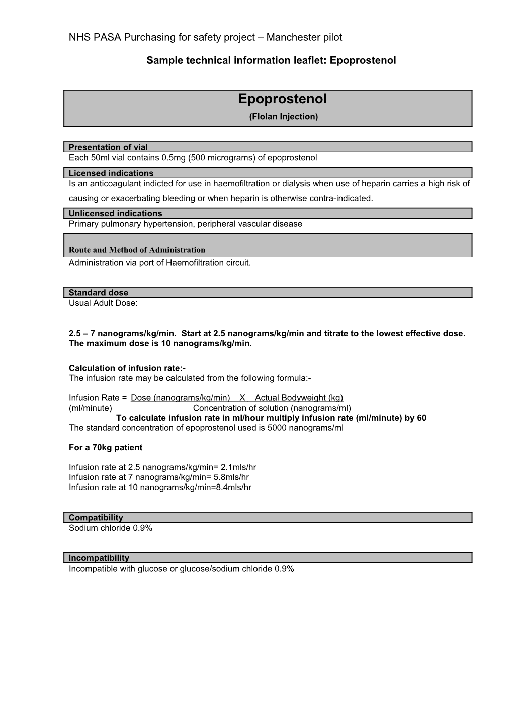 Sample Technical Information Leaflet: Epoprostenol