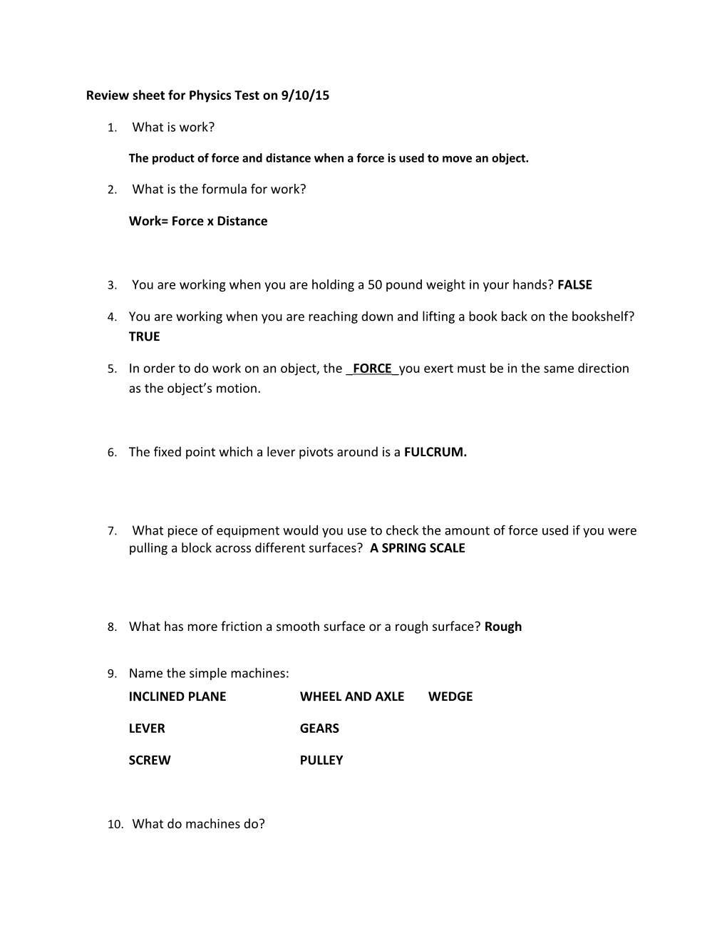 Review Sheet for Physics Test on 9/10/15