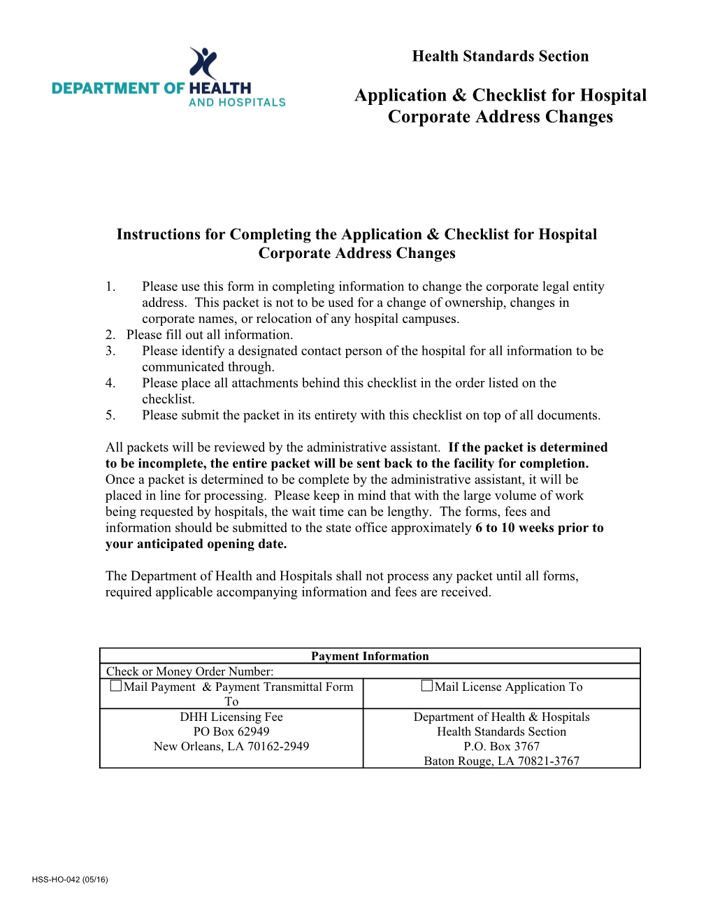 Instructions for Completing the Application & Checklist for Hospital Corporate Address Changes