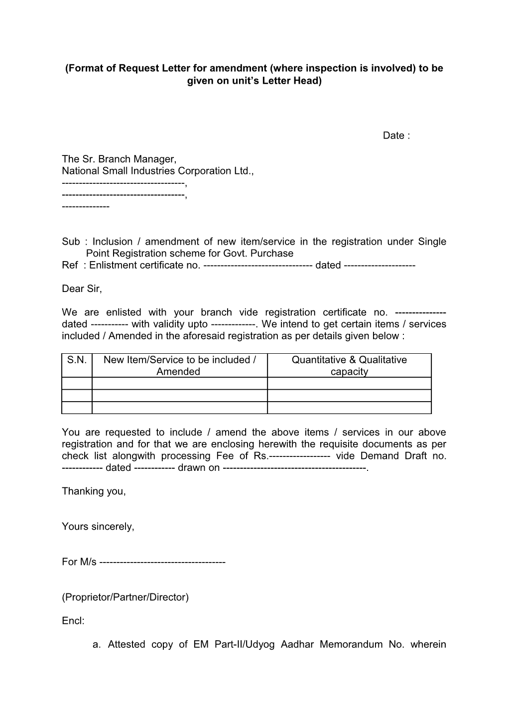 (Format of Request Letter for Amendment (Where Inspection Is Involved) to Be Given On