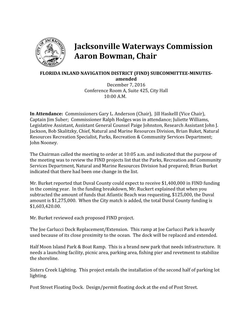 FLORIDA INLAND NAVIGATION DISTRICT (FIND) SUBCOMMITTEE-MINUTES-Amended