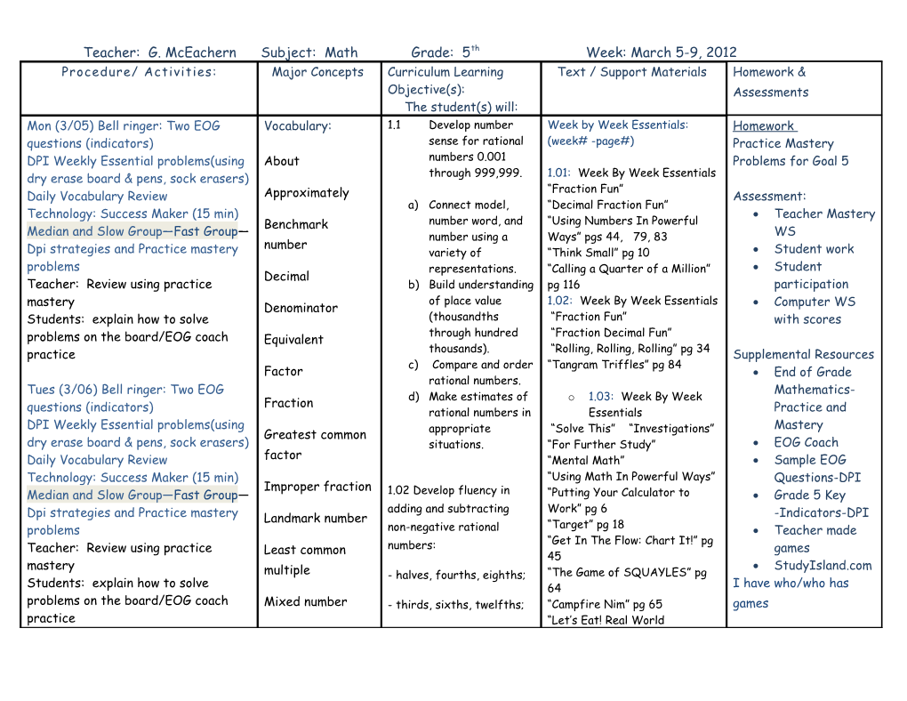 Subject: Reading Grade: 5Th Week: September 7-10, 2010