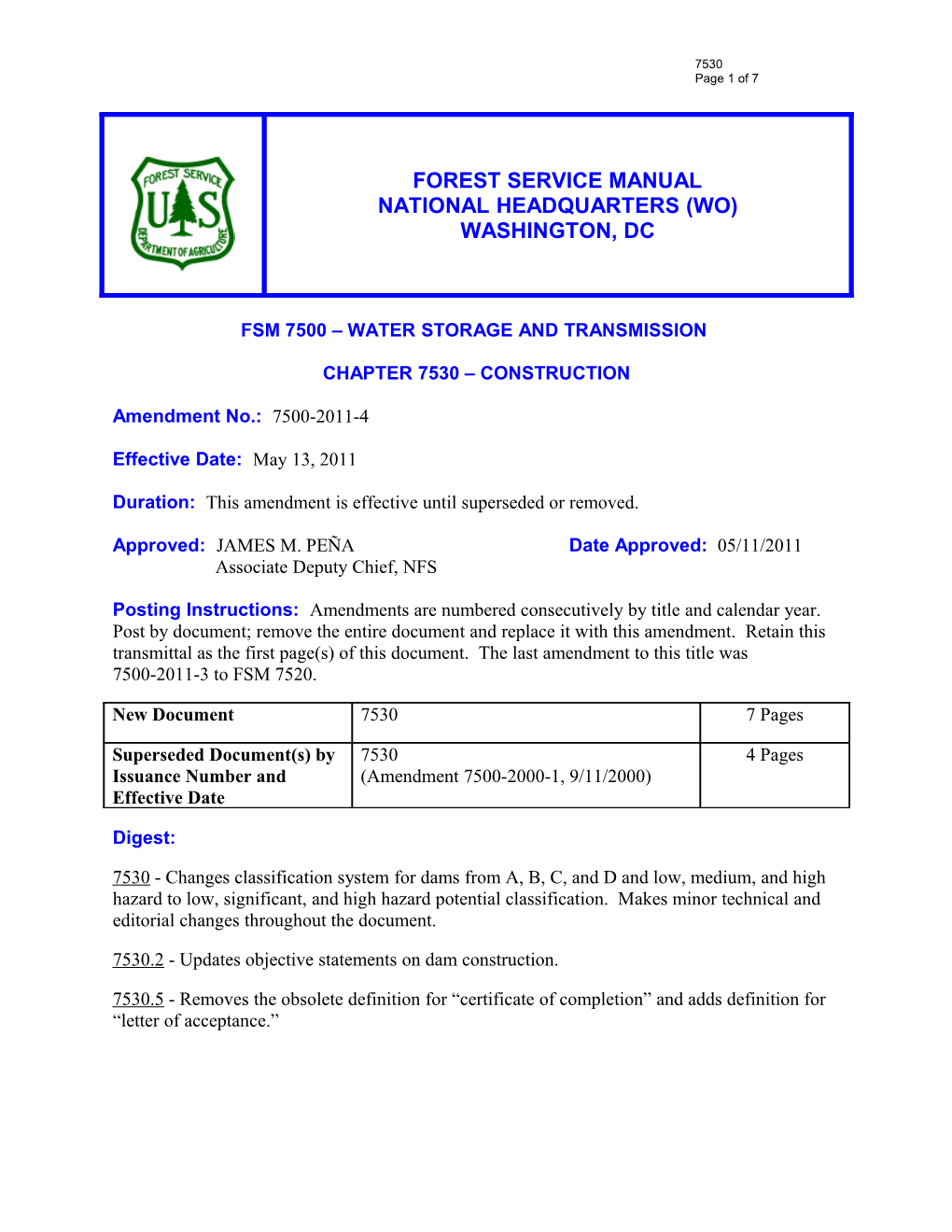 Fsm 7500 WATER STORAGE and TRANSMISSION