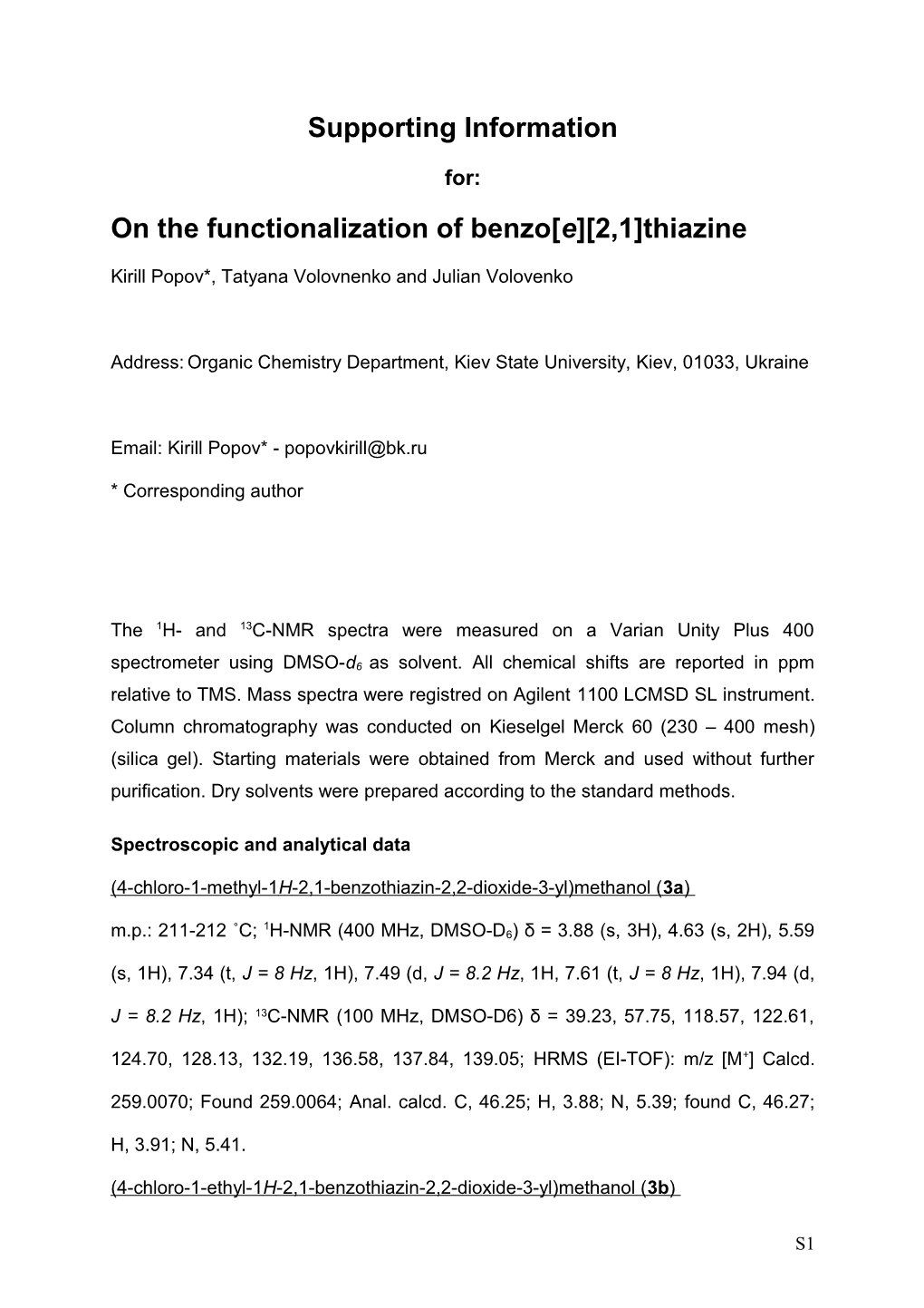 On the Functionalization of Benzo E 2,1 Thiazine