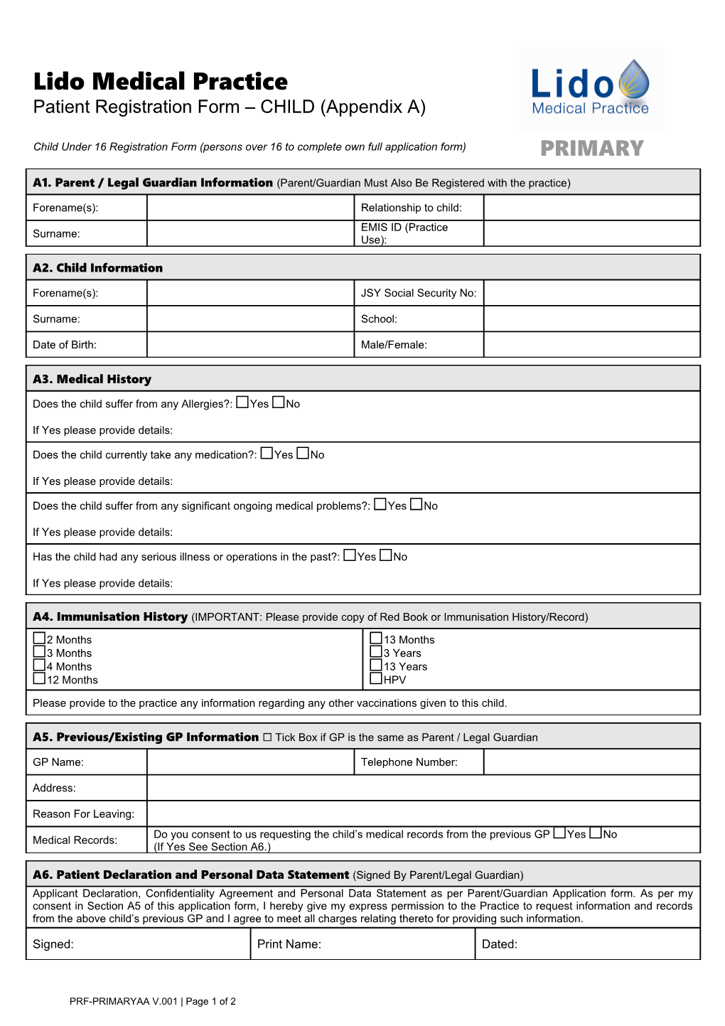 Patient Regisration Form - Child