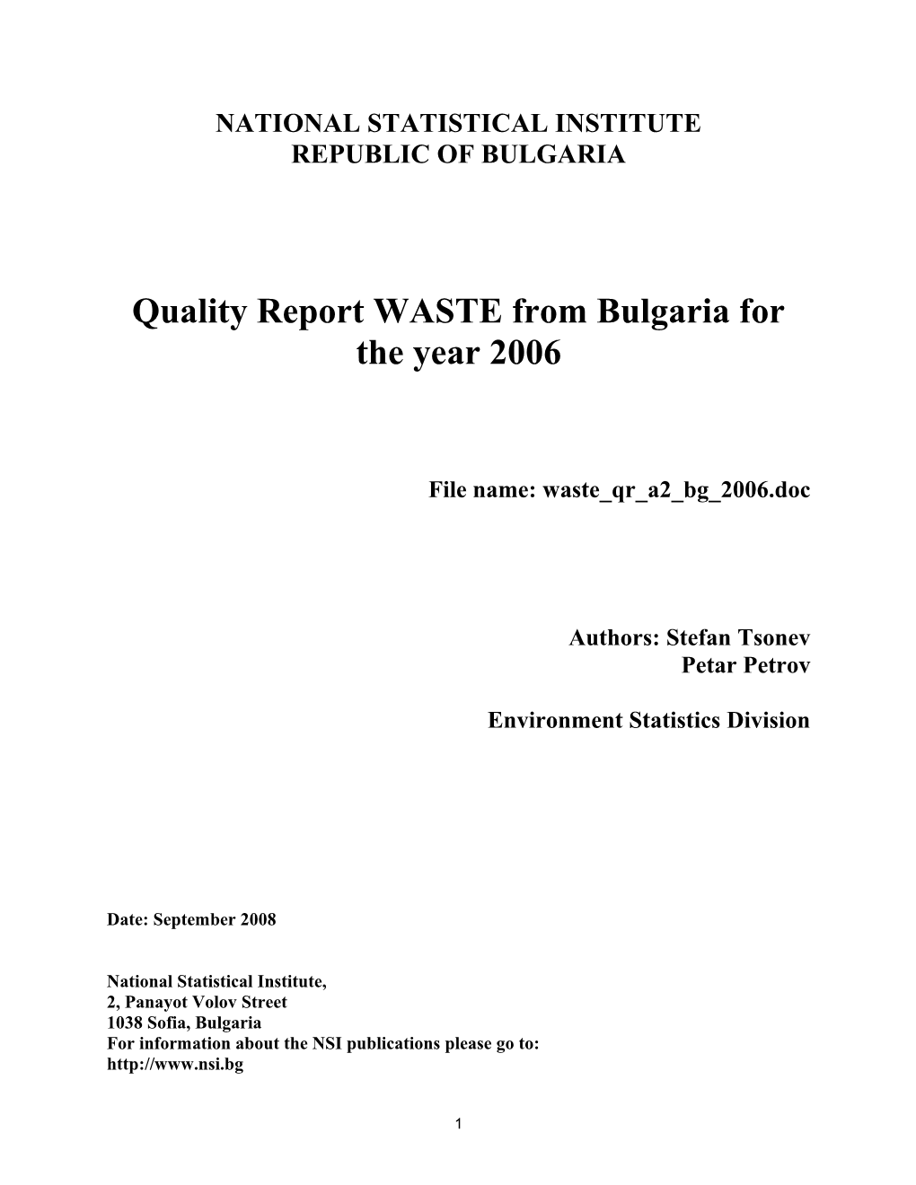 Quality Report Template 2008