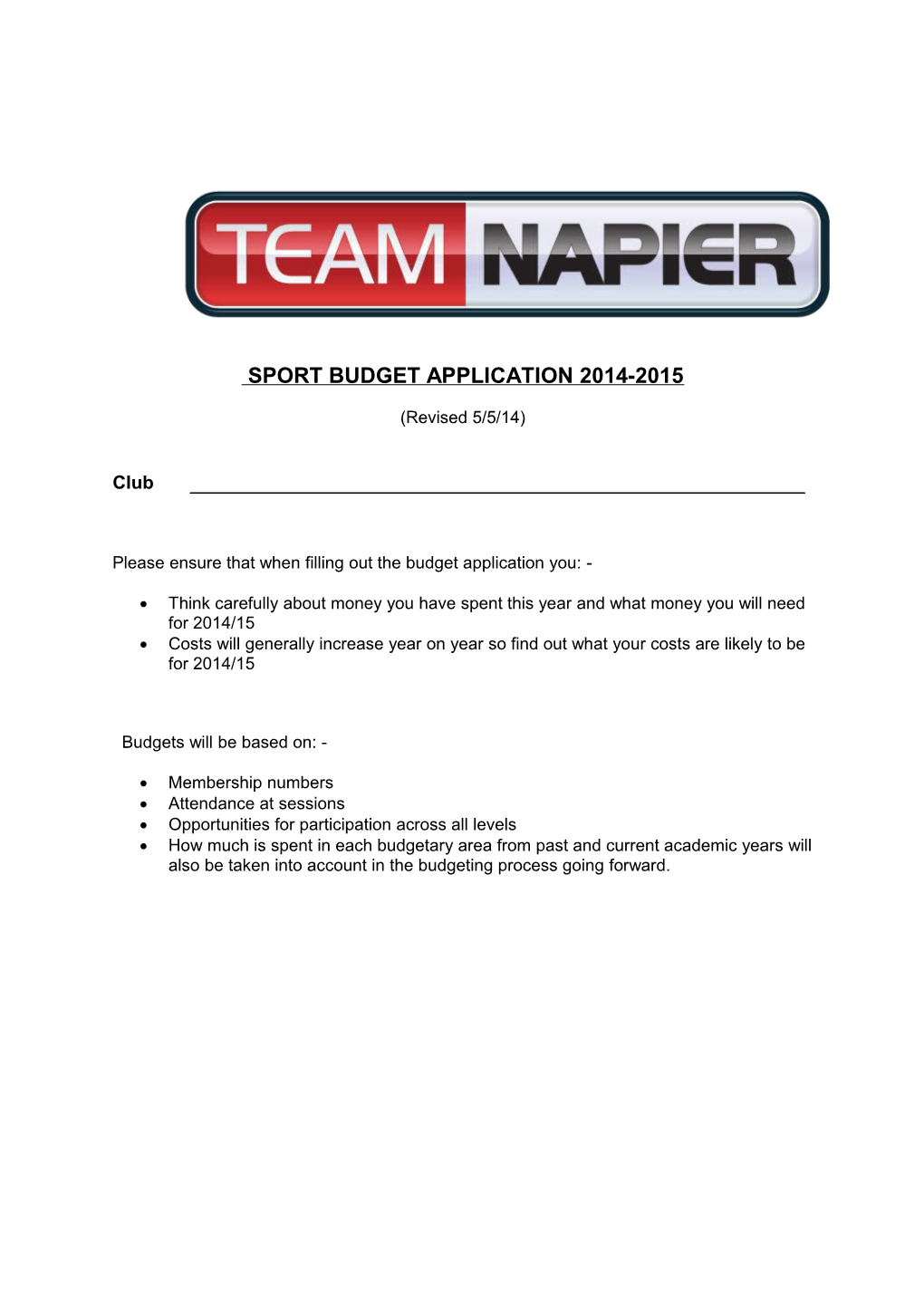 Sport Budget Application 2014-2015