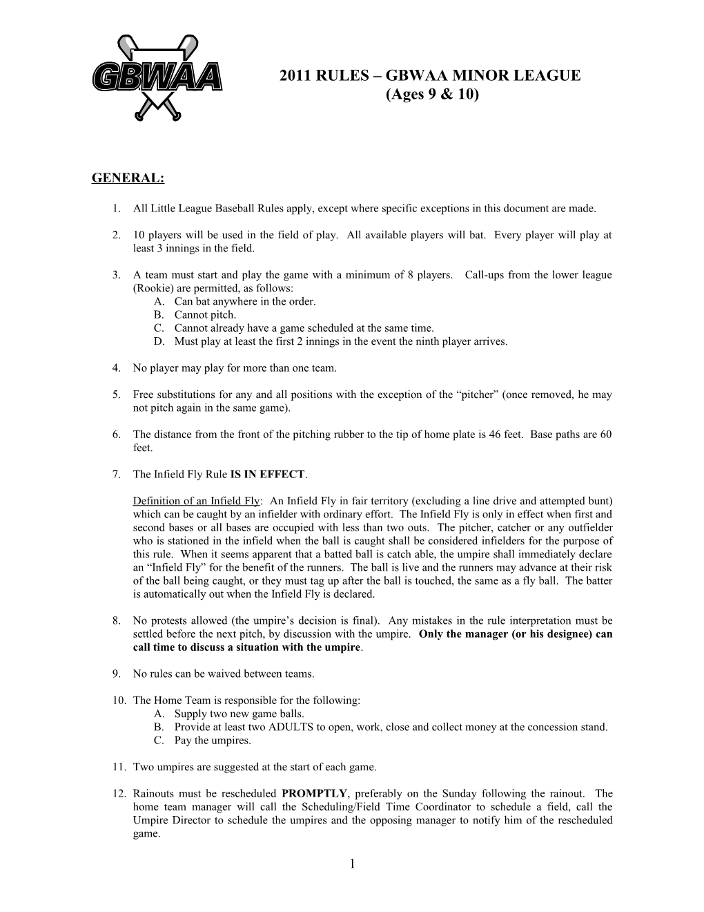 2003 RULES GBWAA ROOKIE LEAGUE (Ages 7 & 8)