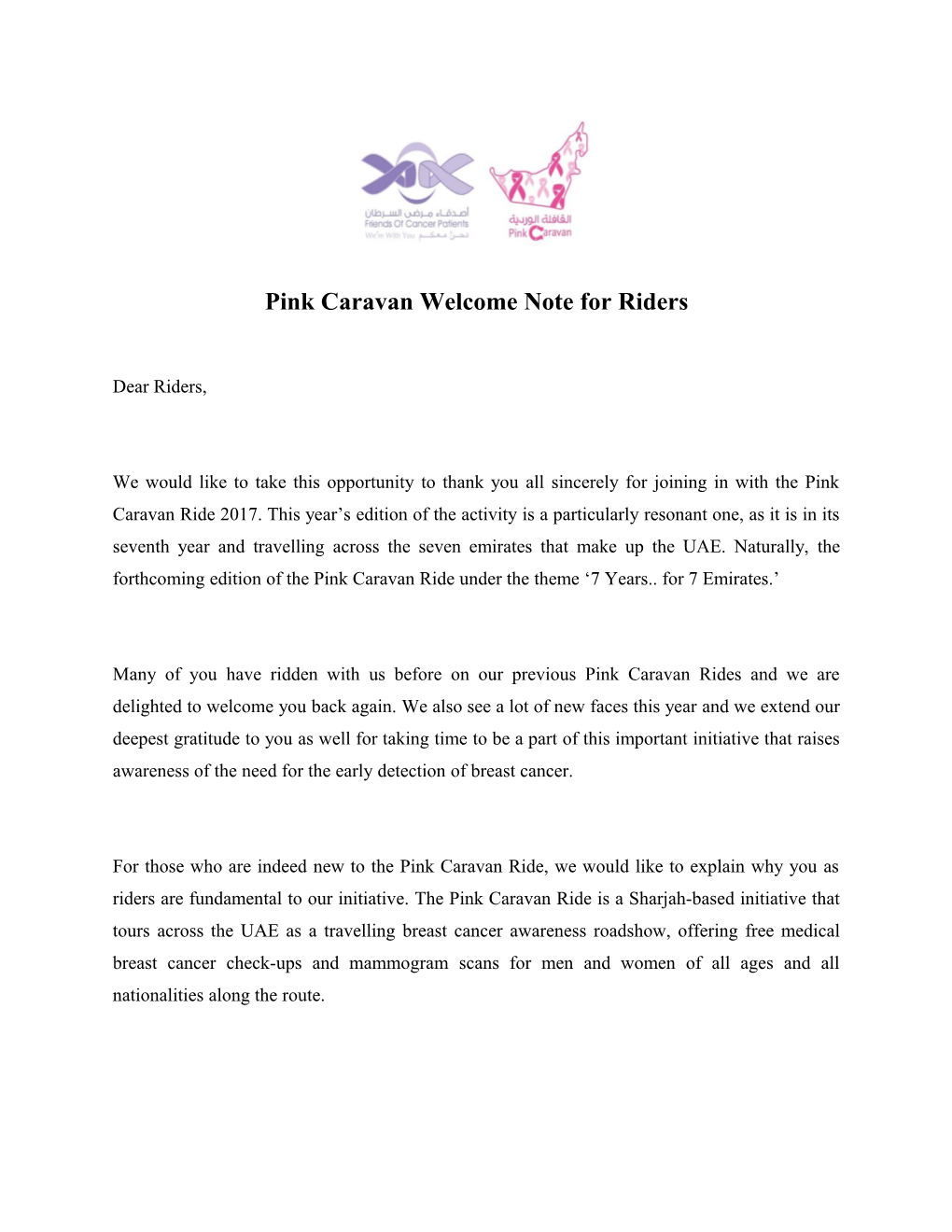 Pink Caravan Welcome Note for Riders