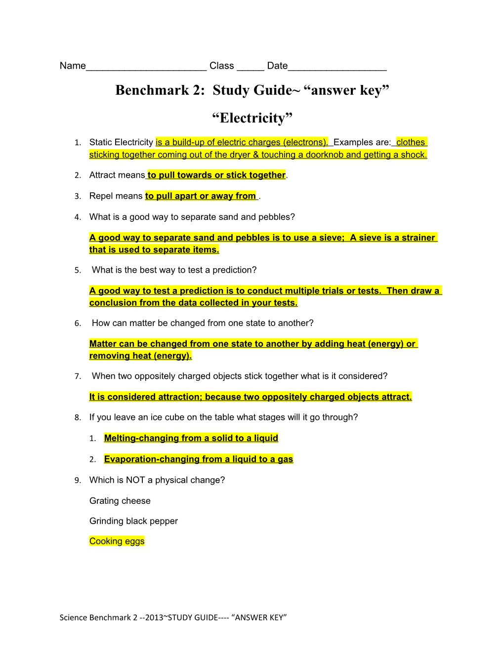Benchmark 2: Study Guide Answer Key