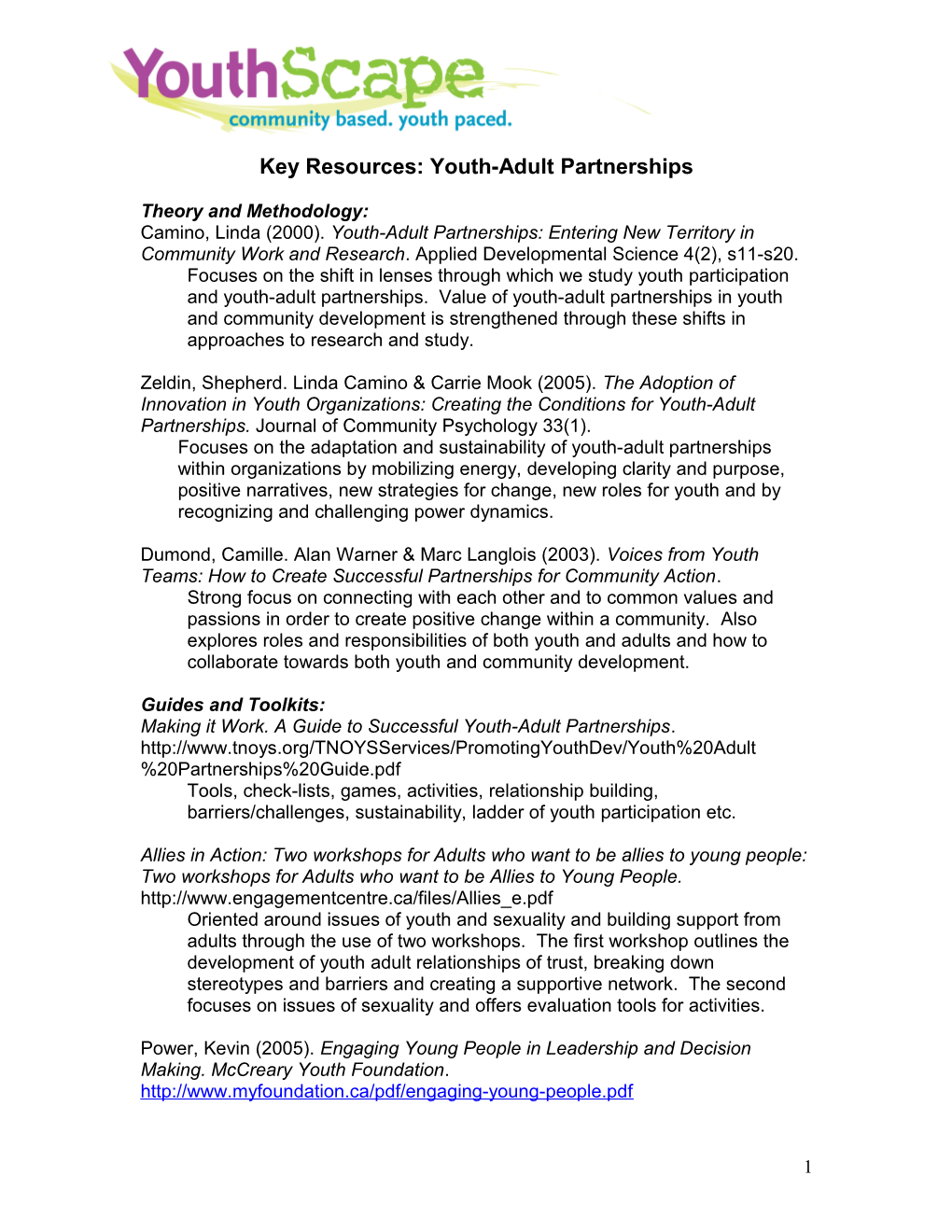 Youthscape 2 Pager Steering Committees, Youth Governance Etc