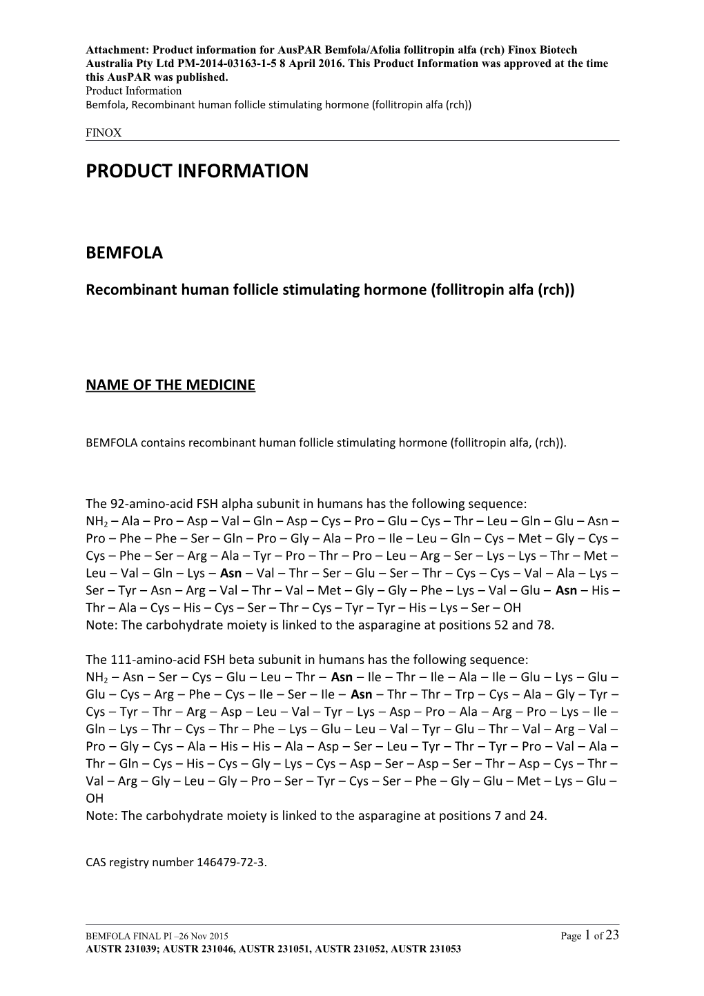 Auspar Attachment: Product Information for Bemfolia