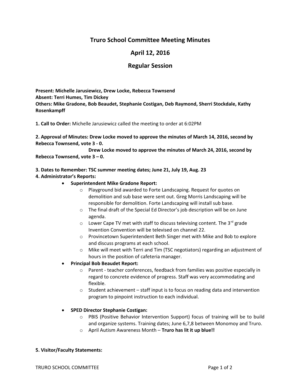 Truro School Committee Meeting Minutes