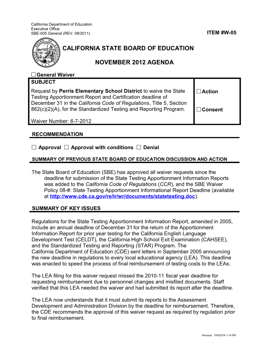 November 2012 Waiver Item W-05 - Meeting Agendas (CA State Board of Education)