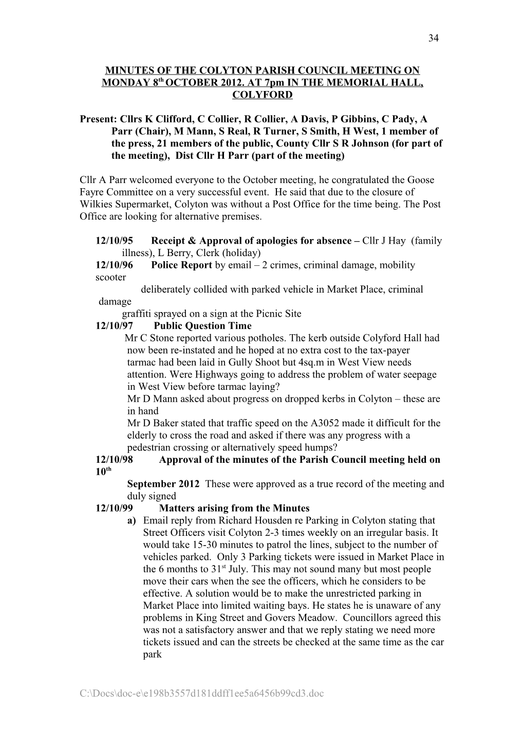 MINUTES of the COLYTON PARISH COUNCIL MEETING on MONDAY 8Th OCTOBER 2012