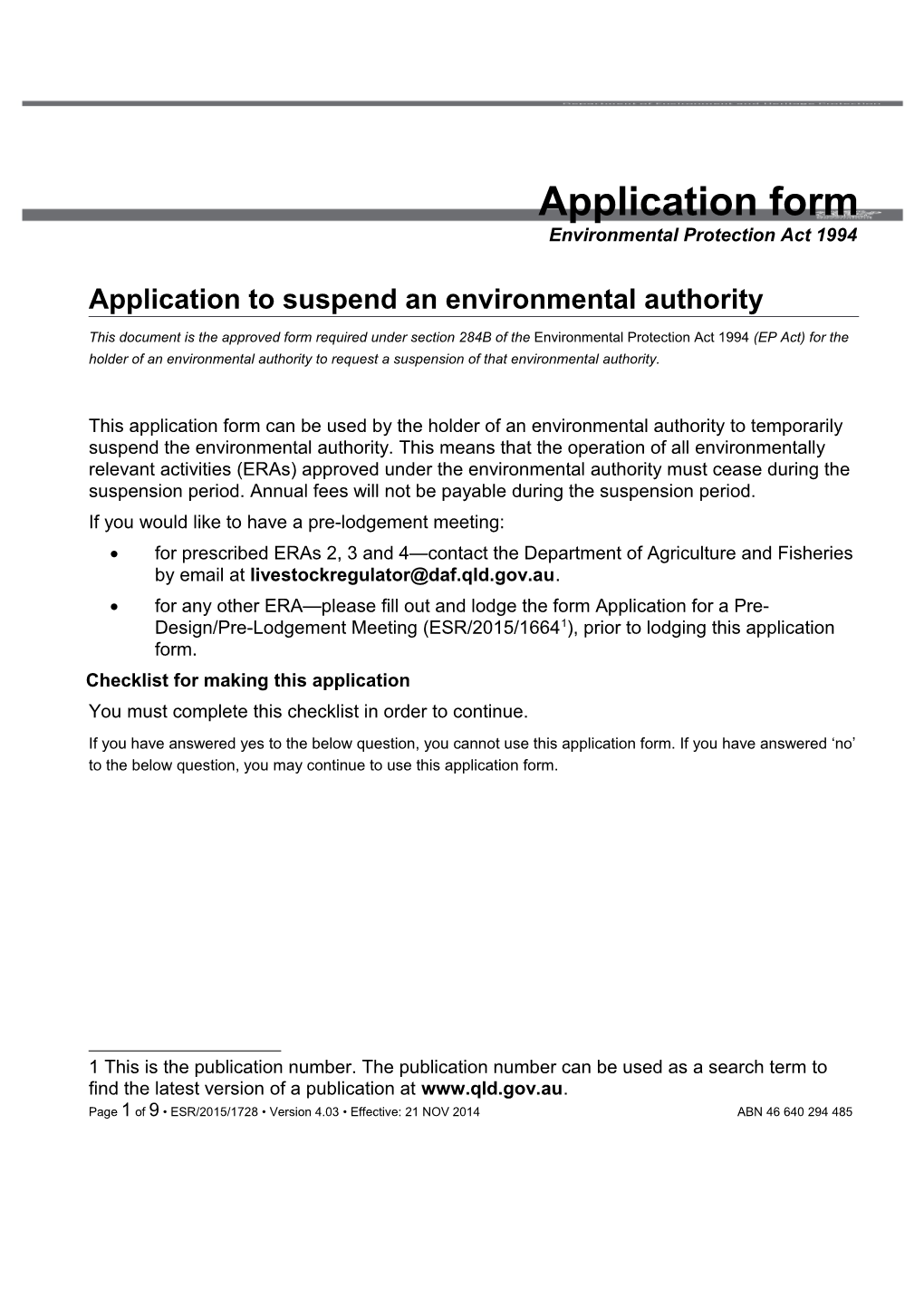 Application to Suspend an Environmental Authority