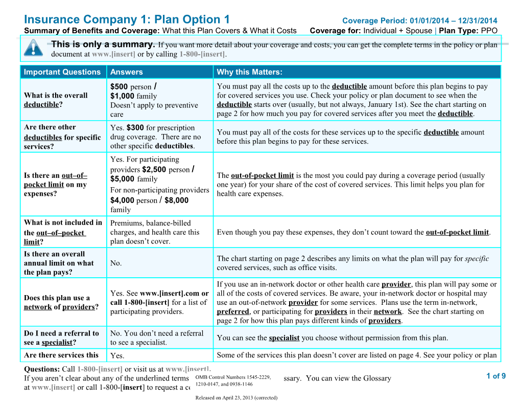 Insurance Company 1: Plan Option 1Coverage Period: 01/01/2014 12/31/2014