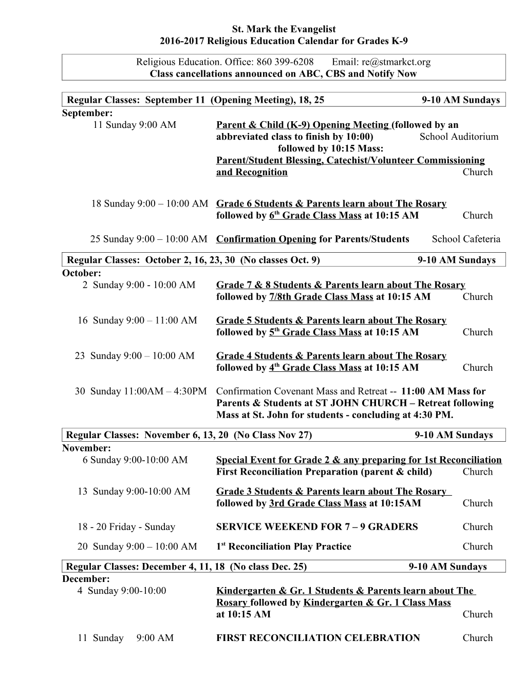 Religious Education Schedule 2003-2004